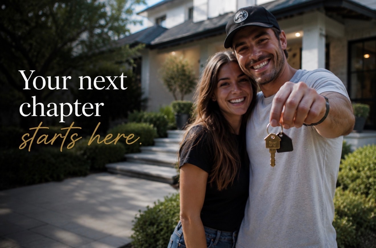 Happy couple holding house keys in front of their new home — your next chapter starts here
